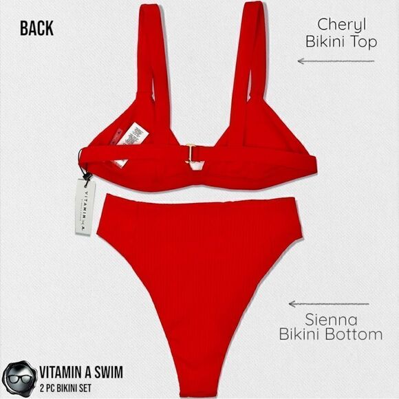 VITAMIN A SWIM BIKINI SET: CHERYL TOP + SIENNA HIGH WAIST BOTTOM IN MARISOL RED - Picture 2 of 15